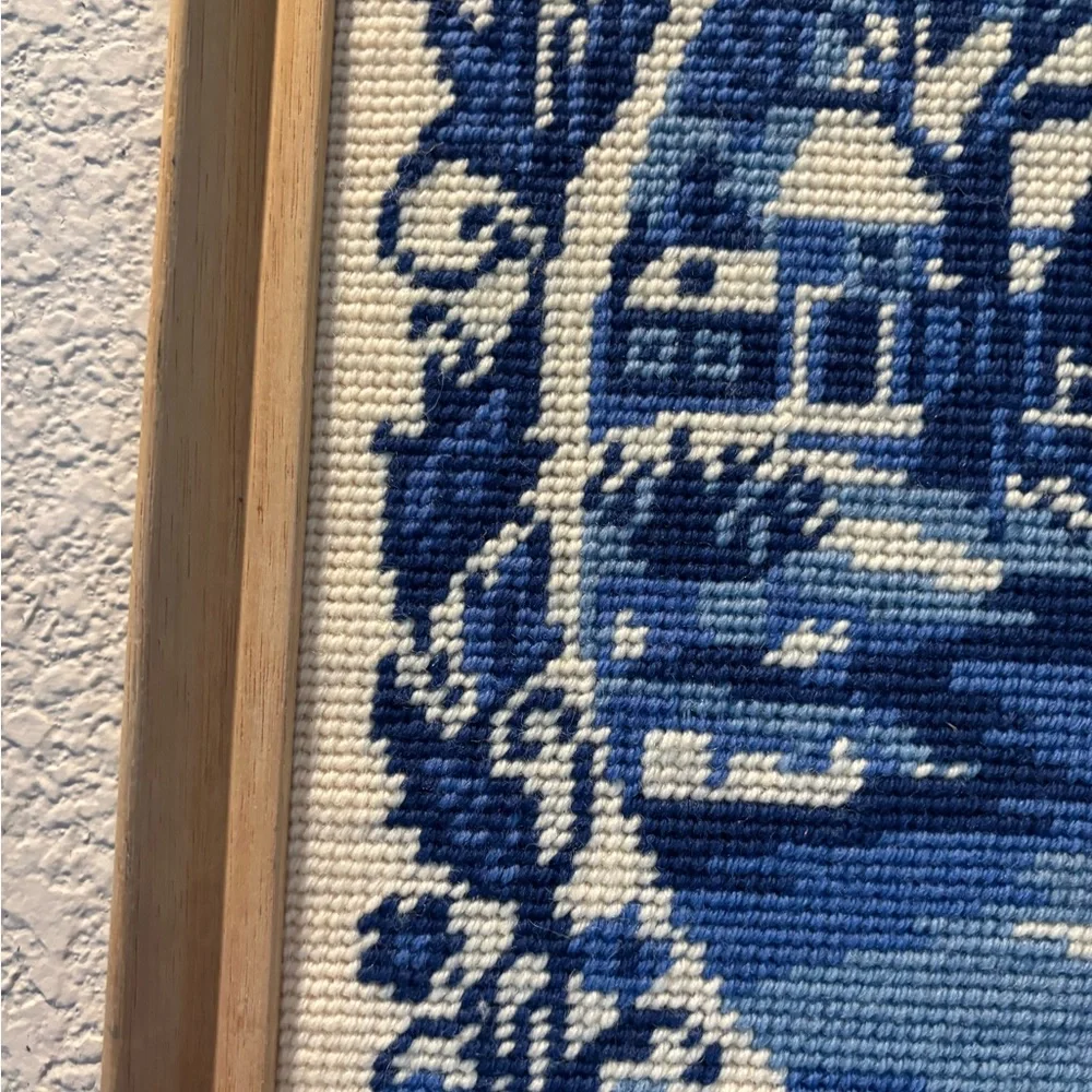 Vintage Blue Cross-Stitch Scenic Winter Art in Wooden Frame - Picture 6 of 16